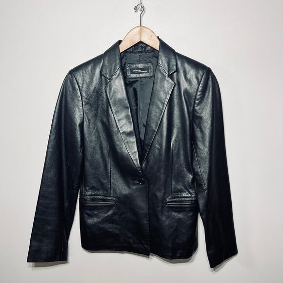 VTG 90s Y2K Valerie Stevens Black Leather 1 Button Blazer Jacket Gothic Lined S - Picture 1 of 8